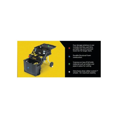 FatMax 4 In 1 Mobile Work Station with tiered cantilever storage system, showing open compartments and black finish on yellow background.
