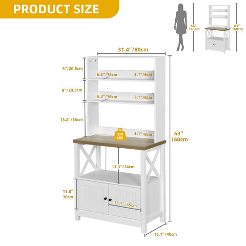 White Baker Rack With Built In Power Outlet And Storage Farmhouse Microwave Stand With Door Five Tier Tall Coffee Bar Station Cabinet Thick Countertop Hutch Shelves A Real Space Saver For Kitchen Organization with dimensions label
