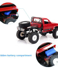 Off Road RC Truck One Sixteen Scale Beast With Proportional Steering And 2 4Ghz 2CH 4WD Drivetrain All Terrain Rock Crawler RTR with hidden battery compartment, red pickup body