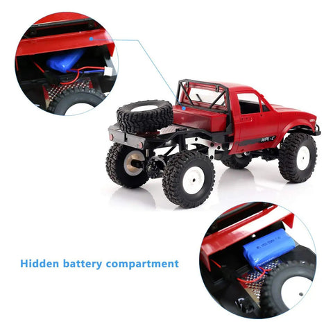 Off Road RC Truck One Sixteen Scale Beast With Proportional Steering And 2 4Ghz 2CH 4WD Drivetrain All Terrain Rock Crawler RTR with hidden battery compartment, red pickup body