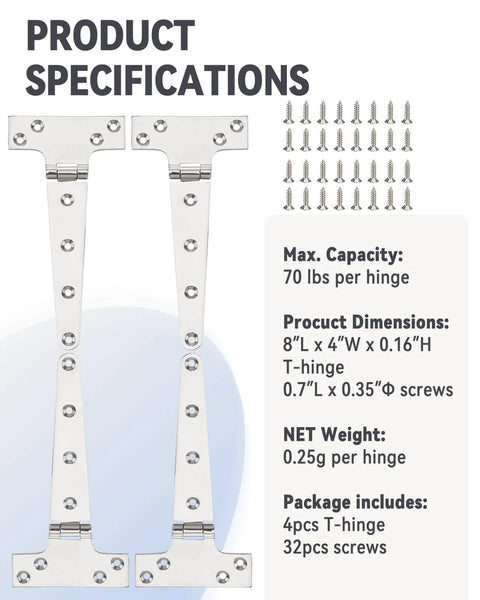 Product specifications of 316 Stainless Steel T Hinges 8X4 Heavy Duty With Screws For Hatch Gate Door Fence Barn Cabinets Windows 4 Pack.