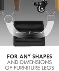 Image of a 2x2 inch rubber caster cup, showing size and compatibility with various furniture legs. Text: 'For any shapes and dimensions.'