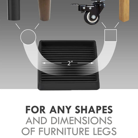 Image of a 2x2 inch rubber caster cup, showing size and compatibility with various furniture legs. Text: 'For any shapes and dimensions.'