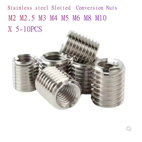 Five Pack Stainless Steel Thread Inserts for DIY Repairs and Heavy Duty Projects with M4 to M6 slotted rivet nuts in a pile.