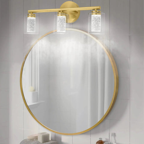 Three Light Gold LED Vanity Light With Crystal Bubble Glass For Bathroom, Modern Brushed Gold Wall Sconce Dimmable With Three Color Temperature, 18 Watts, Mid Century Vibe
