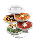 Heavy Duty Electric Food Dehydrator With Adjustable Temperature Controls For Rapid Jerky Fruit Vegetables And Pet Treats showing stacked trays with assorted dehydrated fruits and vegetables.