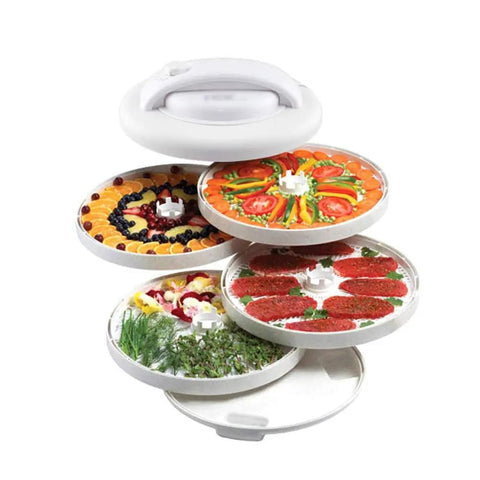 Heavy Duty Electric Food Dehydrator With Adjustable Temperature Controls For Rapid Jerky Fruit Vegetables And Pet Treats showing stacked trays with assorted dehydrated fruits and vegetables.