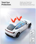 Spigen CryoShade roof sunshade installed on white Tesla Model Y; double-layer fabric roof.