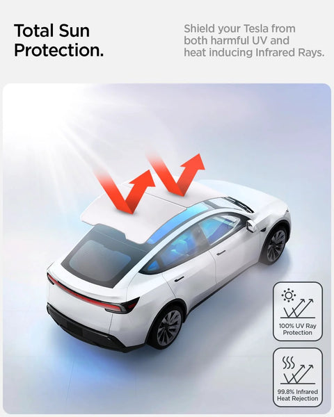 Spigen CryoShade roof sunshade installed on white Tesla Model Y; double-layer fabric roof.