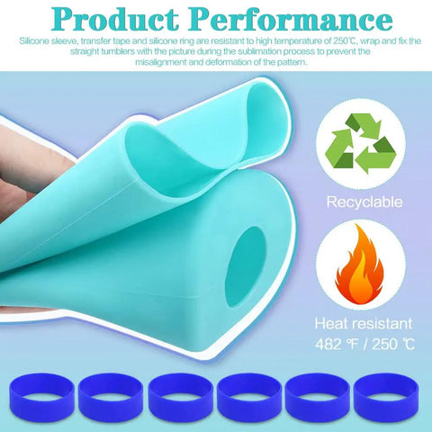 Heavy Duty Sublimation Silicone Wraps For 20 Oz Skinny Tumblers Paired With Heat Press Transfer Tapes reusable silicone rings displayed.
