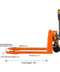 Heavy Duty 3300 Lbs Electric Pallet Jack With Removable Lithium Battery, Fast Charging 24V 20Ah Power Pack For Warehouse Work side view with dimensions.