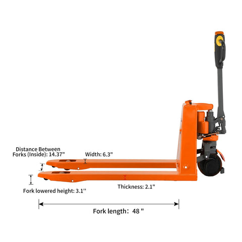 Heavy Duty 3300 Lbs Electric Pallet Jack With Removable Lithium Battery, Fast Charging 24V 20Ah Power Pack For Warehouse Work side view with dimensions.