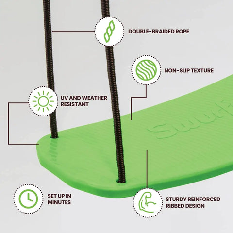 Stand Up Tree Swing For Kids With Adjustable Handles, Surf Style Kick Swing, weatherproof green plastic board close-up