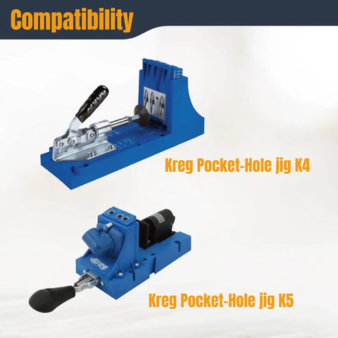 Image showing Kreg Pocket-Hole Jig K4 and K5 compatibility, featuring blue jigs with black handles on a light background.