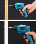 Drop Dead Easy Lithium Ion Cordless Hammer Drill And Impact Driver Workhorse Kit in use drilling into wood and plastic surfaces.