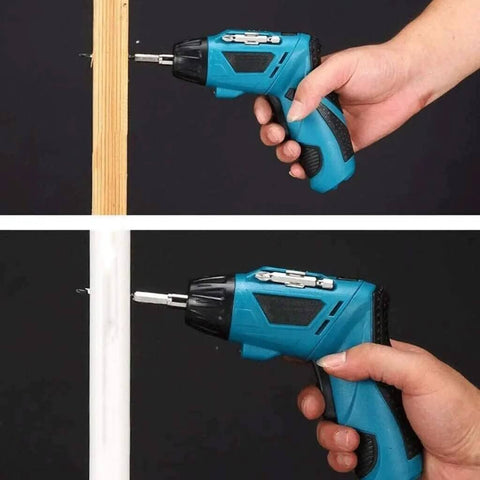 Drop Dead Easy Lithium Ion Cordless Hammer Drill And Impact Driver Workhorse Kit in use drilling into wood and plastic surfaces.