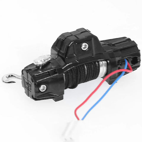 Rockin Metal Electric RC Winch For Mini 1/18 Trx4m And 1/24 Fms Crawlers, durable black metal body with electrical wires.