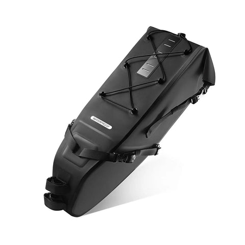 Side view of black under seat bike bag with 14 liter capacity, waterproof PVC roll top build, keeps essentials dry on rainy roads.