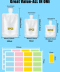 17 Pack Travel Toiletry Pouches Leak Proof TSA Approved Stand Up Refillable Travel Containers For Shampoo Conditioner Lotion Soap Liquids Easy To Refill And Clean Ideal For Luggage Carry On shown with sizes 100ml, 50ml, 30ml