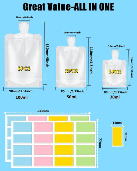 17 Pack Travel Toiletry Pouches Leak Proof TSA Approved Stand Up Refillable Travel Containers For Shampoo Conditioner Lotion Soap Liquids Easy To Refill And Clean Ideal For Luggage Carry On shown with sizes 100ml, 50ml, 30ml
