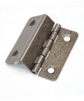 Close-up of a metal three-fold right-angle hinge for wooden boxes; antique finish, two mounting holes on each plate