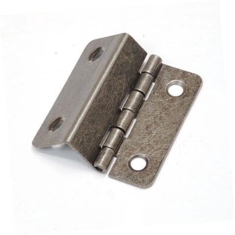 Close-up of a metal three-fold right-angle hinge for wooden boxes; antique finish, two mounting holes on each plate