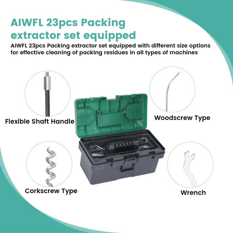 23 Piece Stainless Steel Packing Extractor Set With Flexible Shaft, Removable Tips, Corkscrew Type Wrench in toolbox
