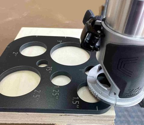 Top Shelf 11 Piece Phenolic Corner Radius And Circle Template Set with router on templates showing sizes for professional woodworking projects.