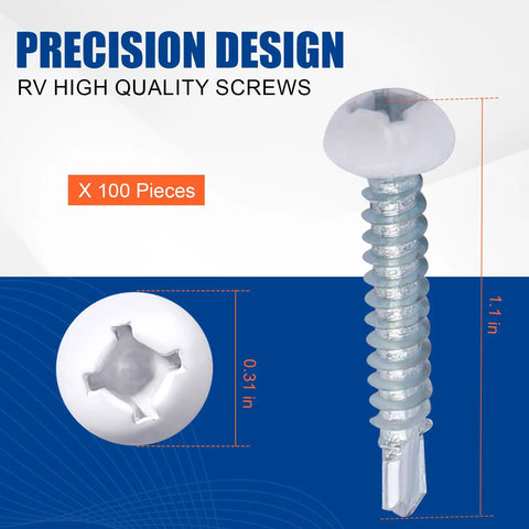 Tough As Nails White Pan Head Machine Screws For Rv Maintenance And Custom Builds With Self Drilling Alloy Steel Fasteners And Premium Zinc Coating In Pack Of 100 Units shown in size 1 inch with precise dimensions.