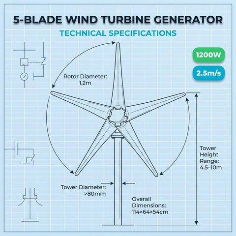 Technical specifications diagram for 5-blade wind turbine generator, showing dimensions, rotor diameter, and 1200W power output.