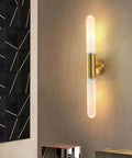 Wall Sconce Lights Indoor Bedroom Hallway GU10 2- Modern Long Brushed Middle Ages Brass Linear Clear Glass Copper Mount Lamp on wall.