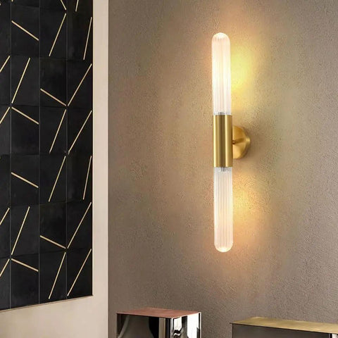 Wall Sconce Lights Indoor Bedroom Hallway GU10 2- Modern Long Brushed Middle Ages Brass Linear Clear Glass Copper Mount Lamp on wall.