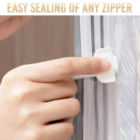 Heavy Duty Plastic Vacuum Storage Clip Seal Grip For Space Saver Bags being used to seal a zipper with an air tight lock clip.