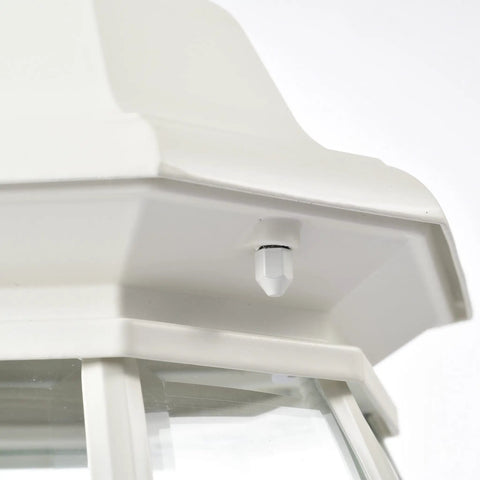 Close-up of top detail on Three Light Outdoor Post Lantern With Clear Beveled Glass Panels In White Finish 21 Inch Tall Traditional Post Mount