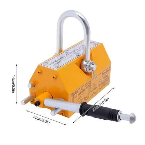 Heavy Duty Permanent Magnet Lifter For Steel Sheets With Grippy Rubber Handle and measurements of 14cm by 27cm.