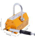 Kickass No Fuss Permanent Magnet Lifter With A Rubber Wrapped Handle And Tough Shackle Hook for steel plate handling, showing dimensions.