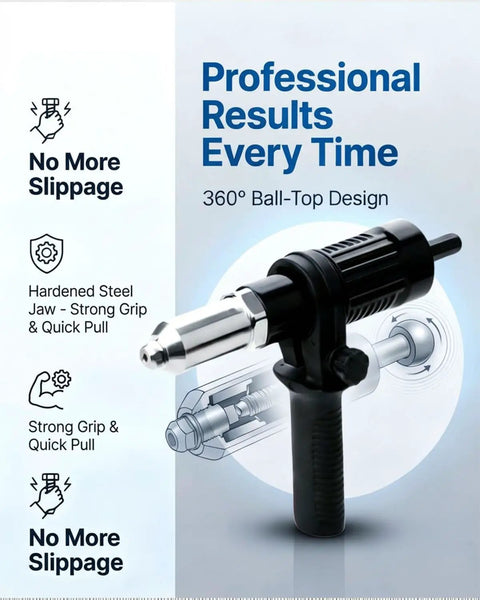 Pro-Grade Electric Rivet Gun Adapter Kit with 360° Ball-Top Design, sturdy metal construction, for quick metal joining.