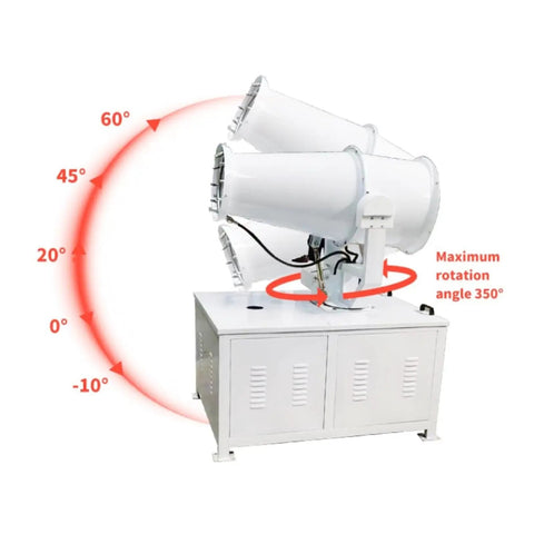 Industrial Fog Cannon System With Long Throw Atomization And Stable Support Frame shown with rotation angles.