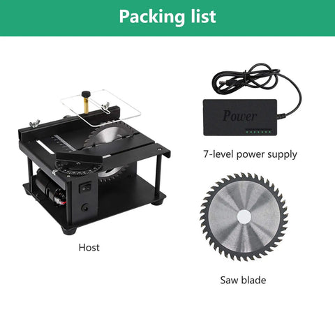 Killer Slick Mini Table Saw Electric Rotary Tool With Variable Speed Motor showing packing list, including saw blade and power supply.