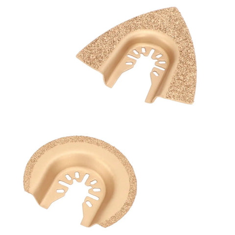 Image showing two blades from the Six Piece Oscillating Saw Blade Set With Carbide Grit For Grout Removal And Tile Cutting.