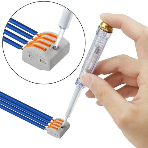 Hand using tool on 50 Piece Lever Wire Connectors Nuts Kit For 28-12 AWG Quick Disconnect Splicing With Insulated Terminals