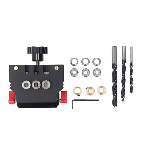 No Sweat Self Centering Dowel Jig Kit For Woodworking And Flat Pack Furniture Built Tough From Aircraft Grade Aluminum with drill bits.