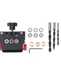Self Centering Doweling Jig Kit With Aluminum Alloy Body For Woodworking Projects And Flat Pack Furniture Assembly Automatic Dowel Jig With Three In One Drill Bit Locator And 6mm 8mm 10mm Bits For Precise Pocket Holes, components shown