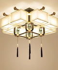 Chinese Motif Ceiling Pendant Light With Modern Fabric Shade And Classic Enamel Design Delivers Straight Up Cozy Ambiance Paired With Efficient Led Bulbs Perfect For Bedrooms Dining Nooks Or Trendy Cafes To Level Up Any Space Big Time, featuring square fabric shades and decorative tassels.