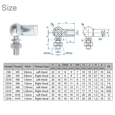 Ball Head Joint Rod End Bearing Set M6 Right Thread Ball Socket Universal Joints Carbon Steel With Zinc Plating Heavy Duty Durable Auto Grade Fittings For Automotive Hinged Doors Cabinets Cupboards size chart