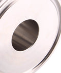 Front view of a polished SUS304 stainless steel DERNORD 2-inch tri-clamp to 1-inch hose barb adapter end with central bore
