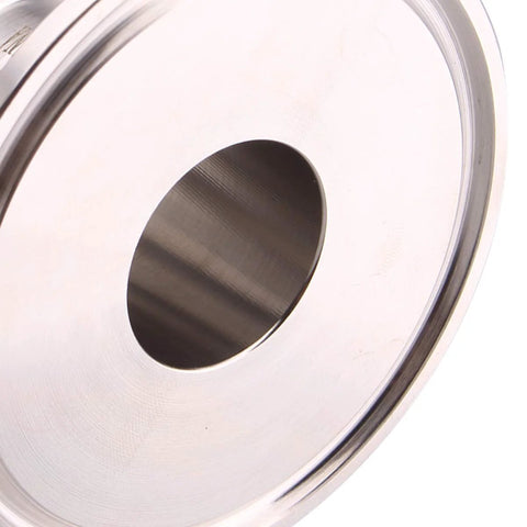 Front view of a polished SUS304 stainless steel DERNORD 2-inch tri-clamp to 1-inch hose barb adapter end with central bore
