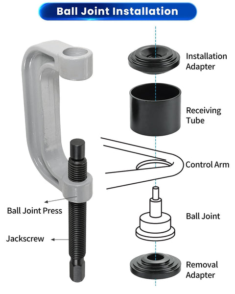 Heavy Duty Ball Joint Press Kit With U Joint Removal Tool And 4WD Adapters For Most 2WD And 4WD Cars And Light Trucks Built From Solid Carbon Steel With Anti Rust Finish diagram showing installation