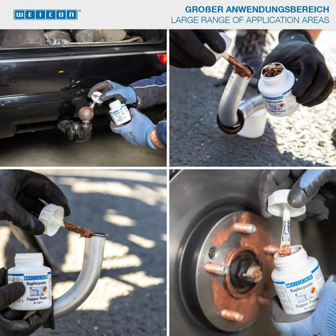 WEICON Copper Paste 4.2oz; collage shows anti-seize paste applied to hitch ball, pipe joint, and wheel hub.
