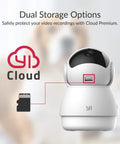2 Pack Pan Tilt Dome Security Camera Kit 360 Degree Coverage Indoor With Night Vision 2 Way Audio Motion Alerts Phone App Control Compatible With Alexa And Google Assistant with dual storage options shown.